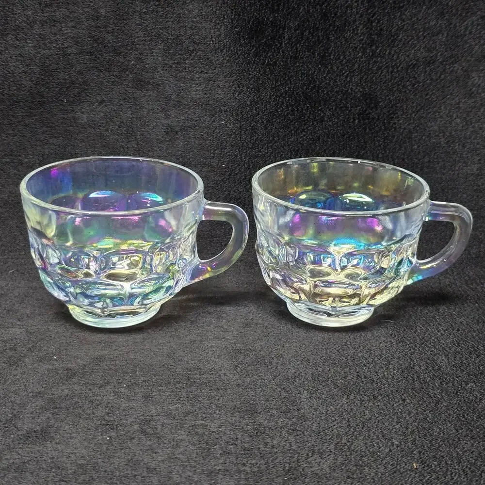 Vintage Federal Glass Iridescent Rainbow Glass Punch Teacups Pair of 2